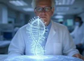 Wissenschaftler betrachtet ein DNA-Spiral-Hologramm auf einem Tisch im Labor