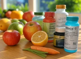 Frische Lebensmittel mit Ginseng, Ginkgo Biloba, Maca, L-Arginin, Zink, Coenzym Q10 und Omega-3