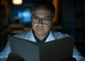 Wissenschaftler liest spät nachts ein wissenschaftliches Journal in einer Bibliothek