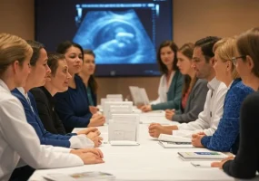 Medizinische Fachkräfte diskutieren beim Deutschen Kongress für Perinatale Medizin über pränatale Diagnostik, mit einem 3D-Ultraschallbild eines Fötus auf einem großen Bildschirm und medizinischen Fachzeitschriften auf dem Tisch